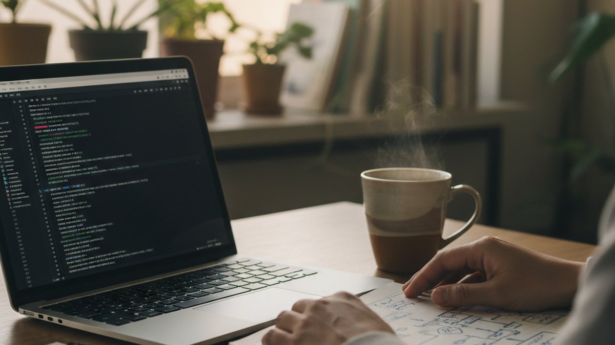 AIエージェント開発のイメージ。デスクでノートPCと手書きの設計メモに向かっている様子