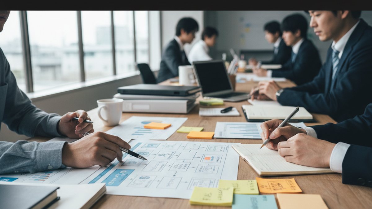 AI業務効率化コンサルティングのイメージ。書類とワークフロー図を前に業務を棚卸ししている様子