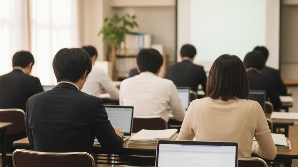 生成AI研修のイメージ。研修室で受講者がノートPCと配布資料に向かっている様子