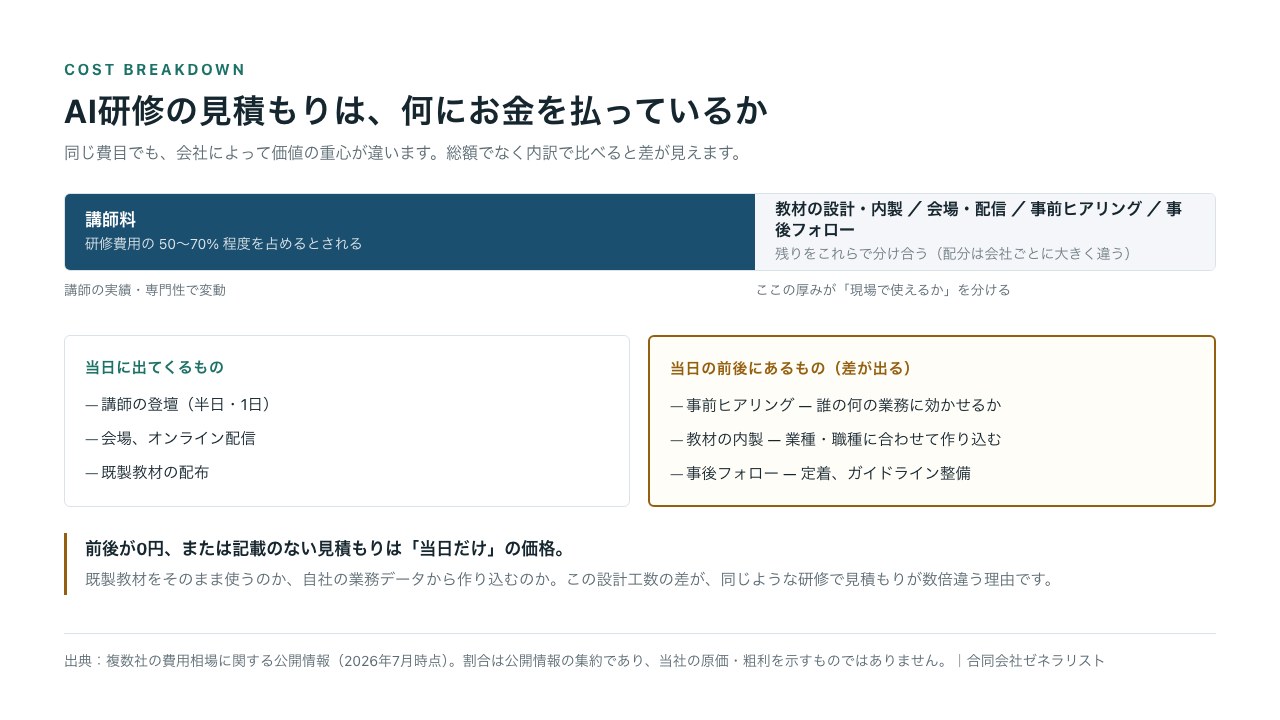 AI研修の見積もり内訳図。講師料が研修費用の50〜70%程度を占め、残りを教材の設計・内製、会場・配信、事前ヒアリング、事後フォローが分け合う。当日の前後（ヒアリング・教材の内製・フォロー）が0円または記載のない見積もりは、当日だけの価格であることを示す。